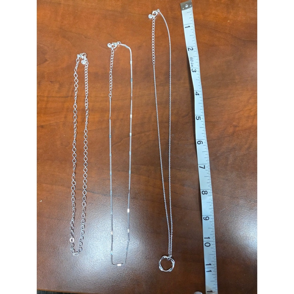 Silver Tone Layering Necklace Set 3 Piece Circle Pendant Link Bar Chains